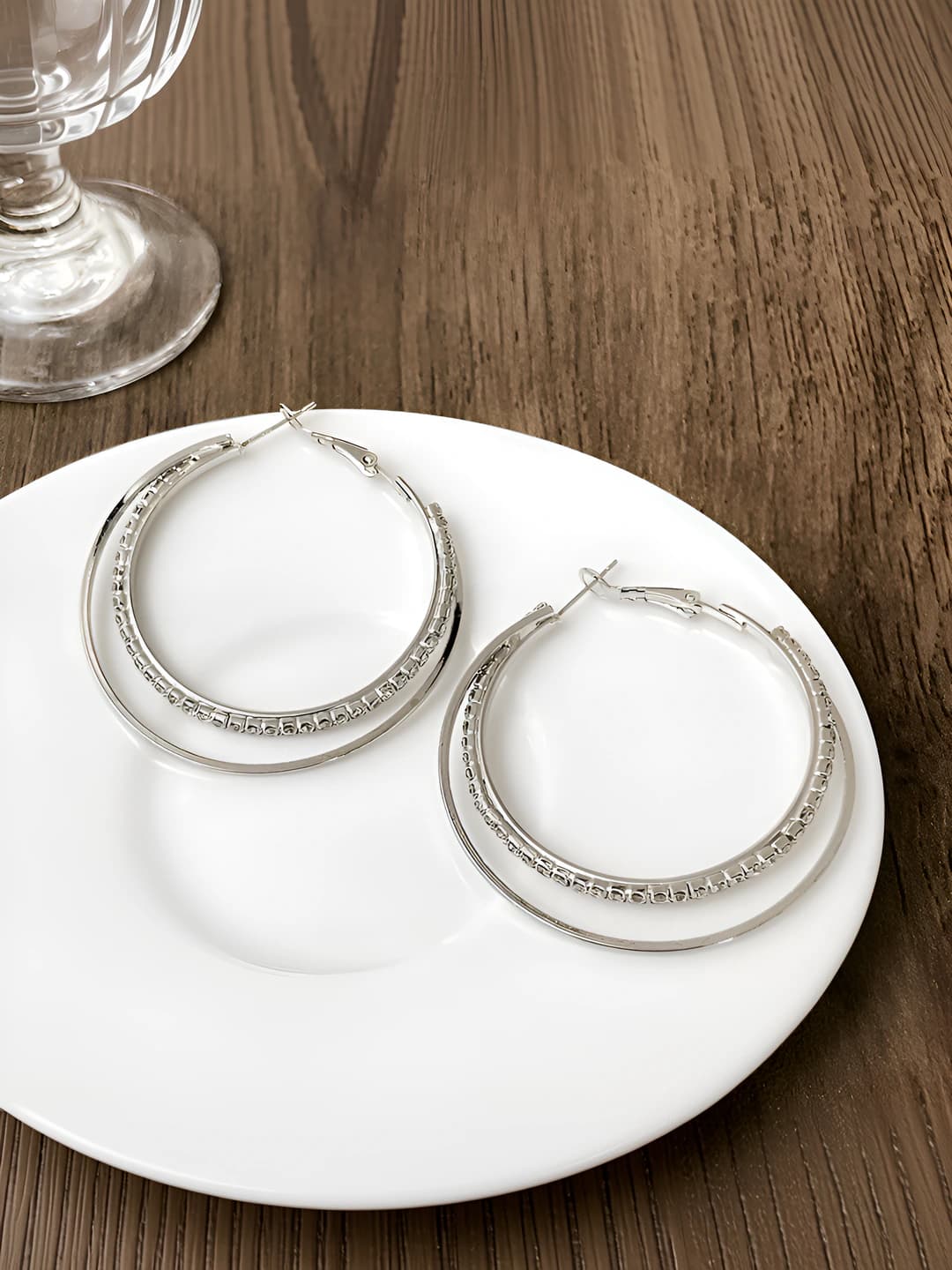 53#Silver double ring earrings