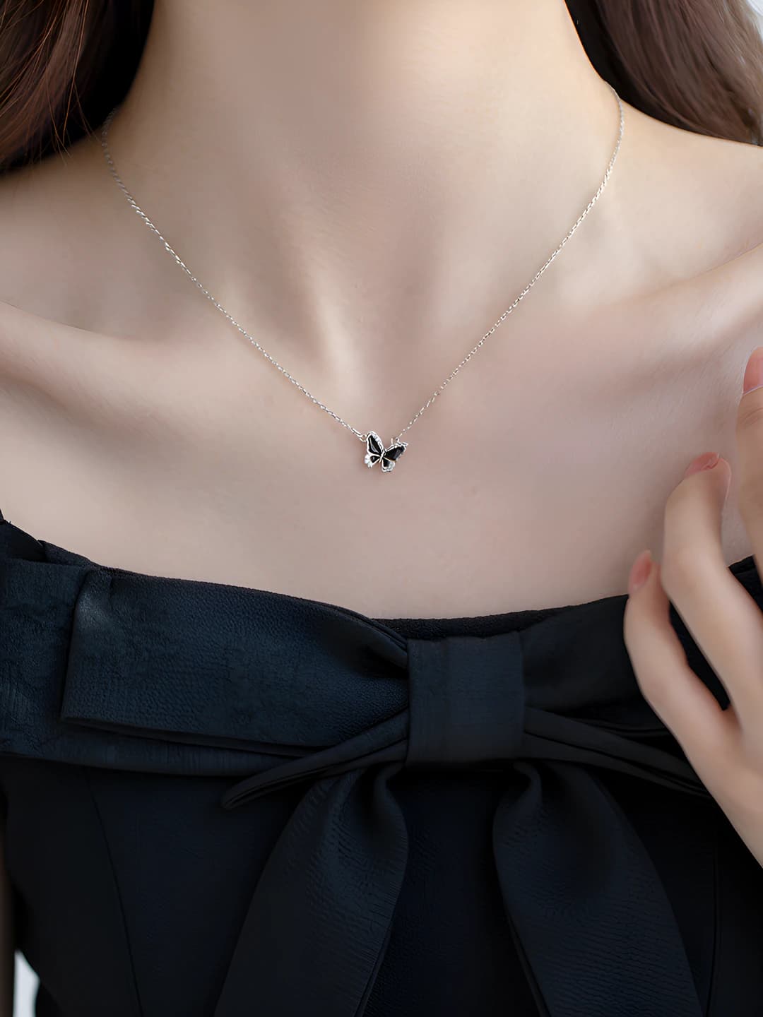 Women's collarbone chain: white copper, butterfly design element, for business occasion