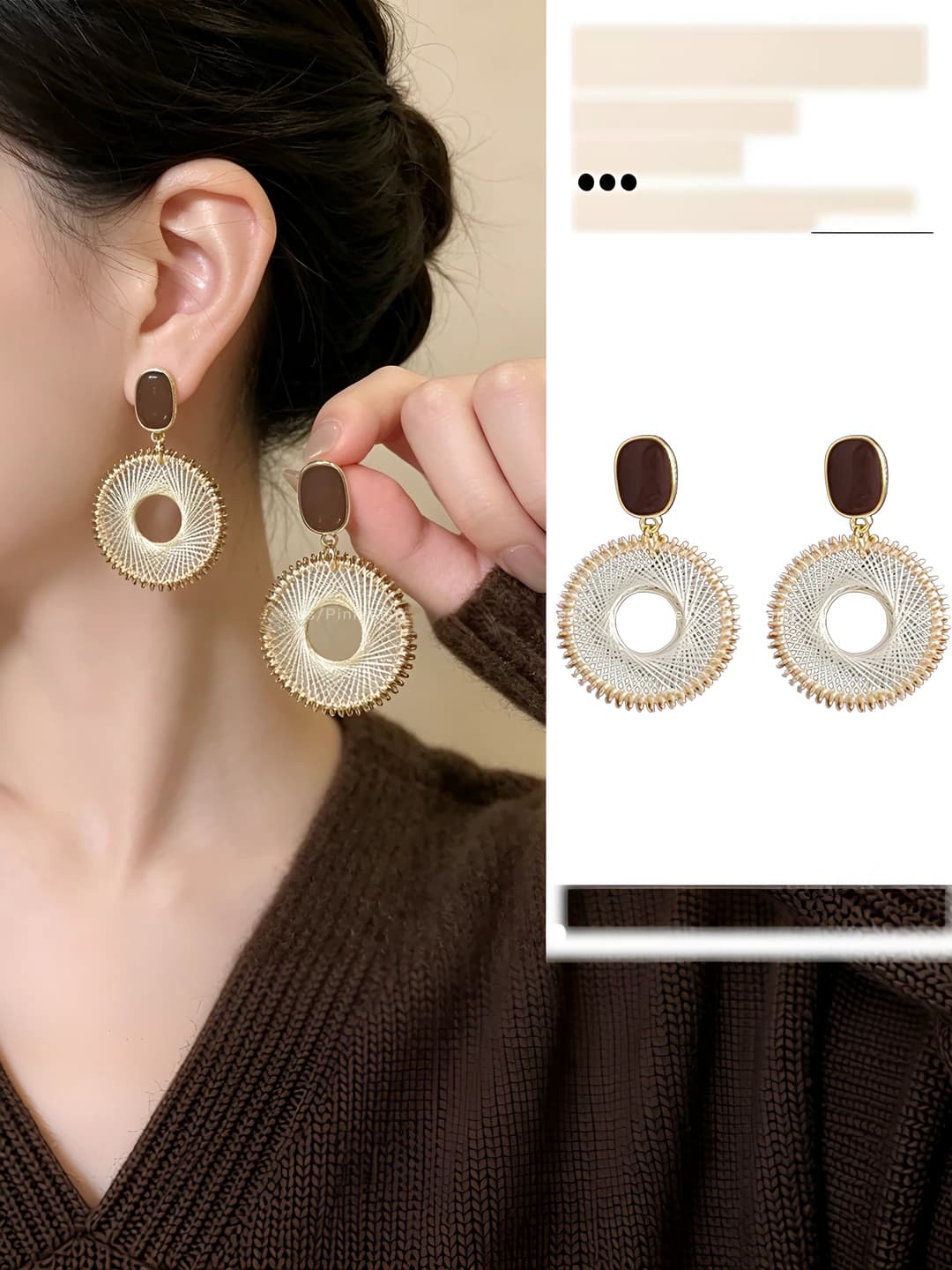 Women's white woven French style earrings, boho and large design element, Korea and Japan style