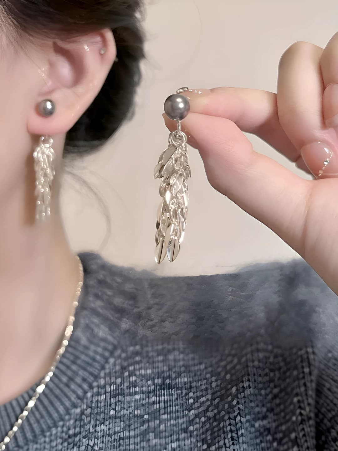 4# Wheat ear long pearl earrings - A2031 silver