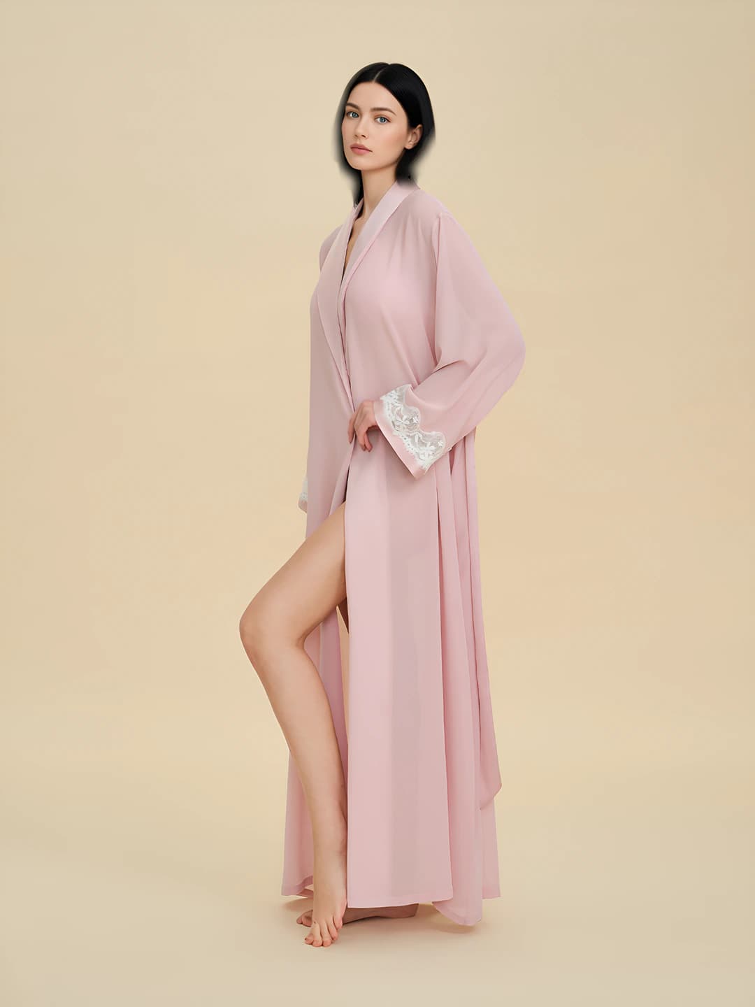 Long house robe for women, V-neck, loose fit, pearl chiffon, summer, spring, autumn