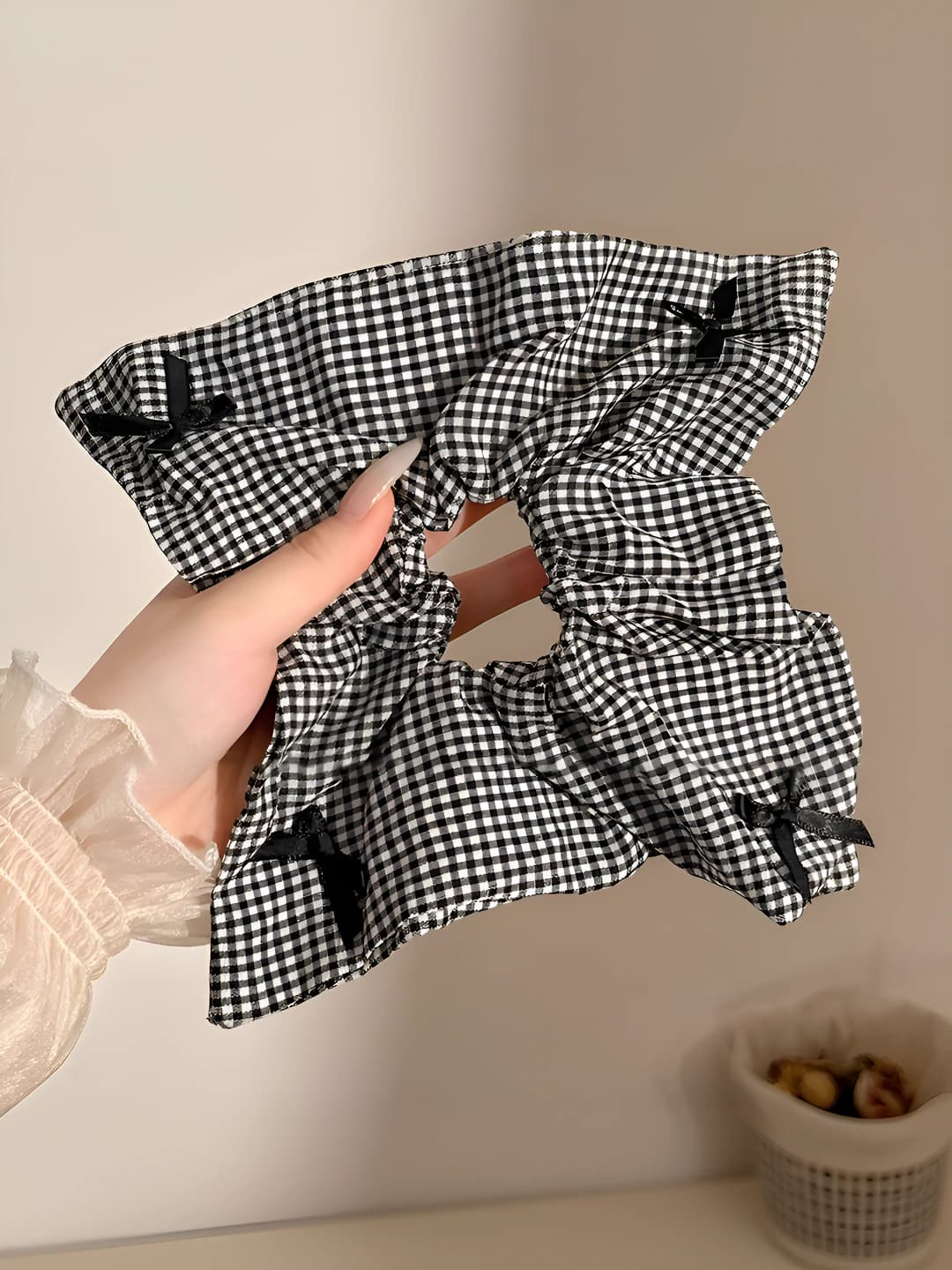 2# Black & white houndstooth bow scarf ~24*24 cm