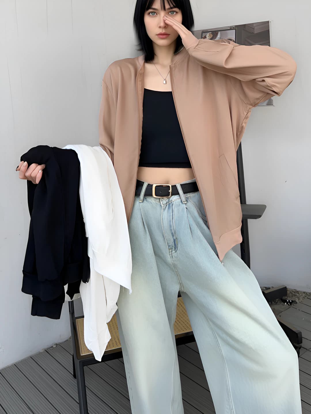Women's thin zip-up sun-protective jacket for summer 2026, viscose, loose fit, long sleeve, stand collar, solid colour