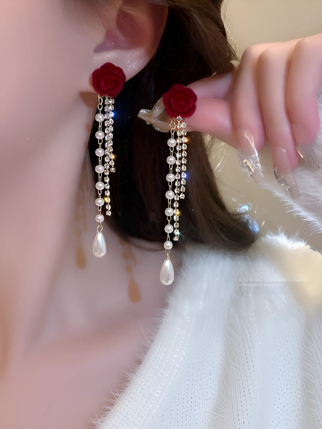 Women's 925 silver post tulip drop oil and pearl earrings, Korean style sweet flowers
