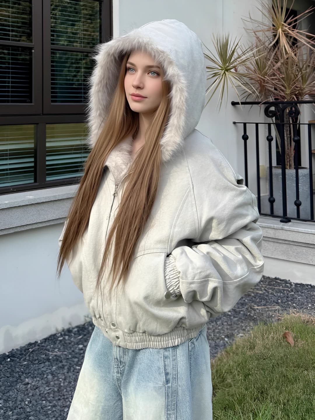 Women's thickened padded jacket, winter, loose fit, cropped, for petite, zip, solid colour, casual