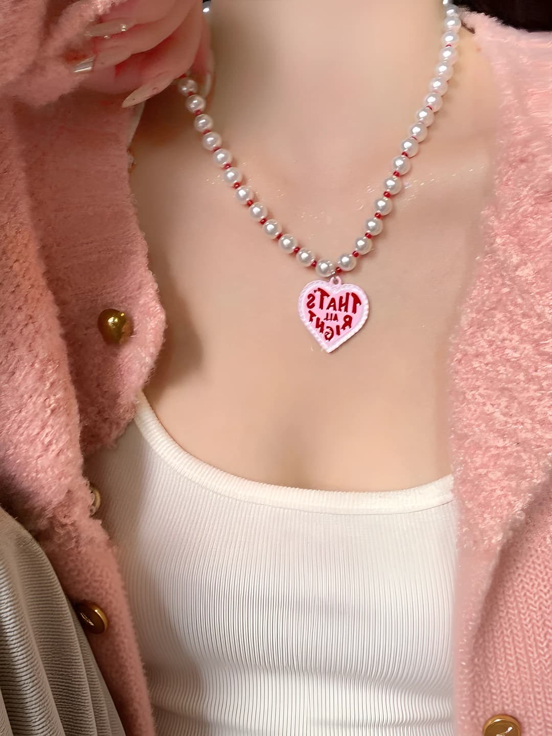 Women's retro pink beaded pearl necklace with heart pendant, accessory for sweater