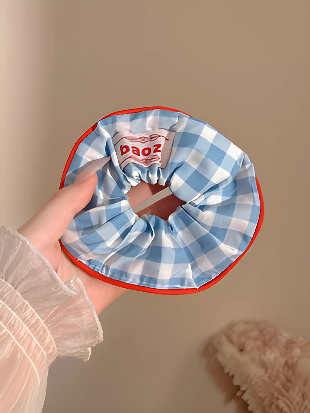 Blue plaid scrunchie ~14 cm