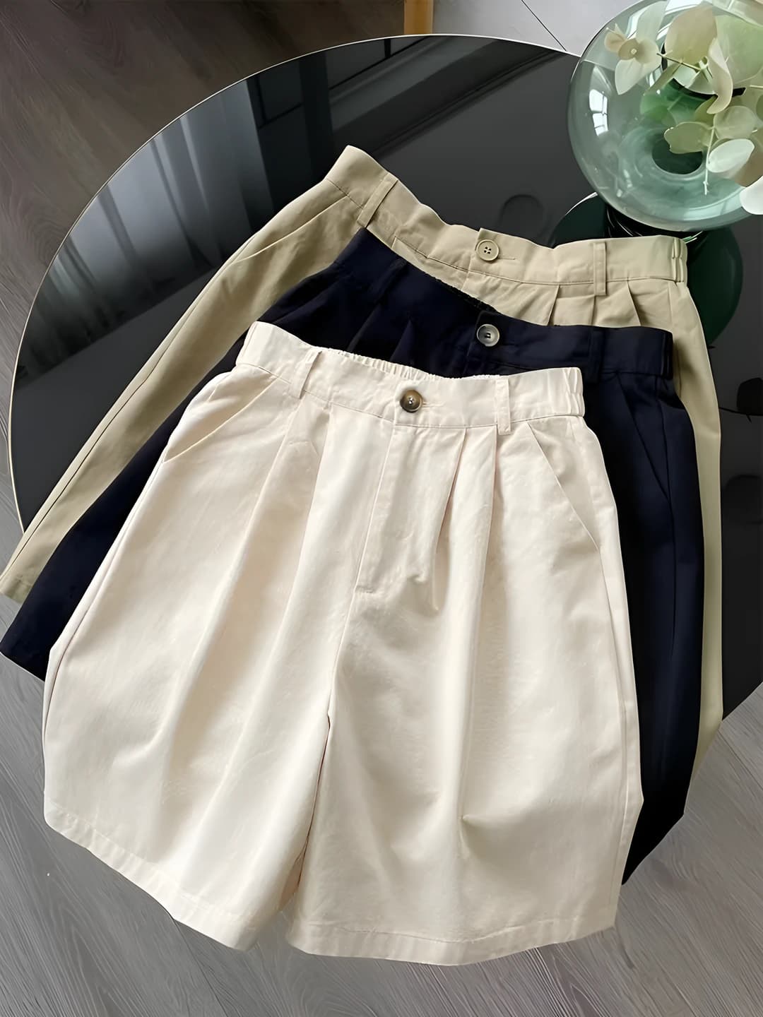 Women's summer casual shorts: straight cut, high waist, slimming, 95% polyester, wide-leg style, knee-length shorts