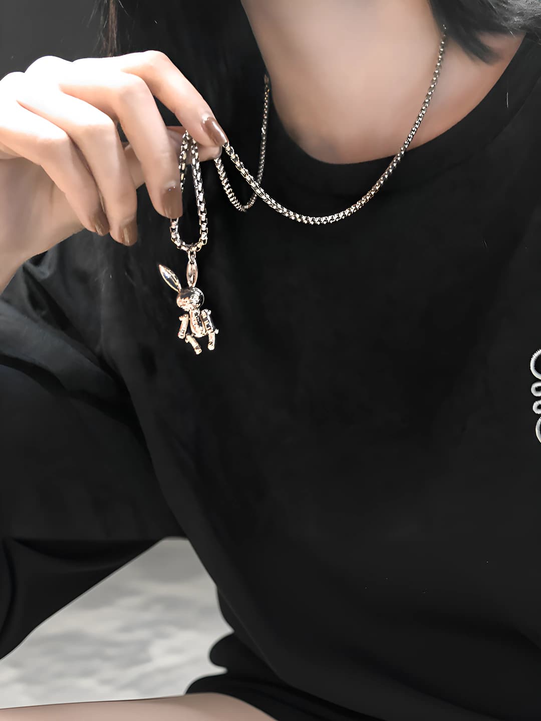 Women's long rabbit pendant chain necklace, black, new model 2026