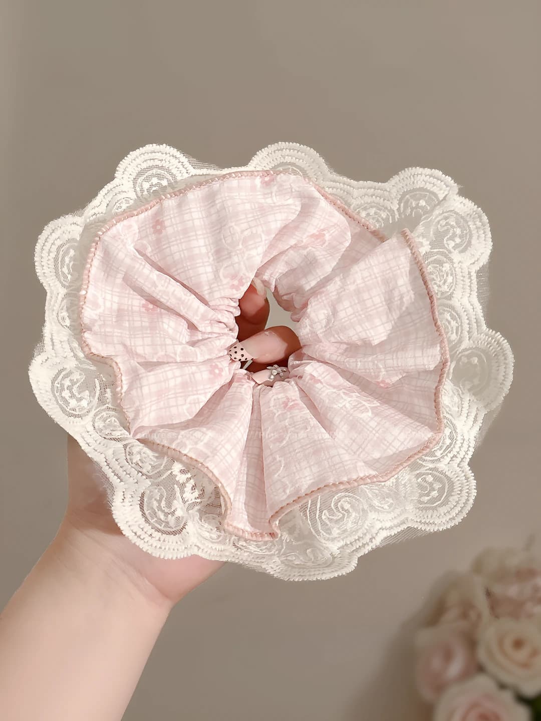 1# Розовый клетчатый кружевной край ~16 см