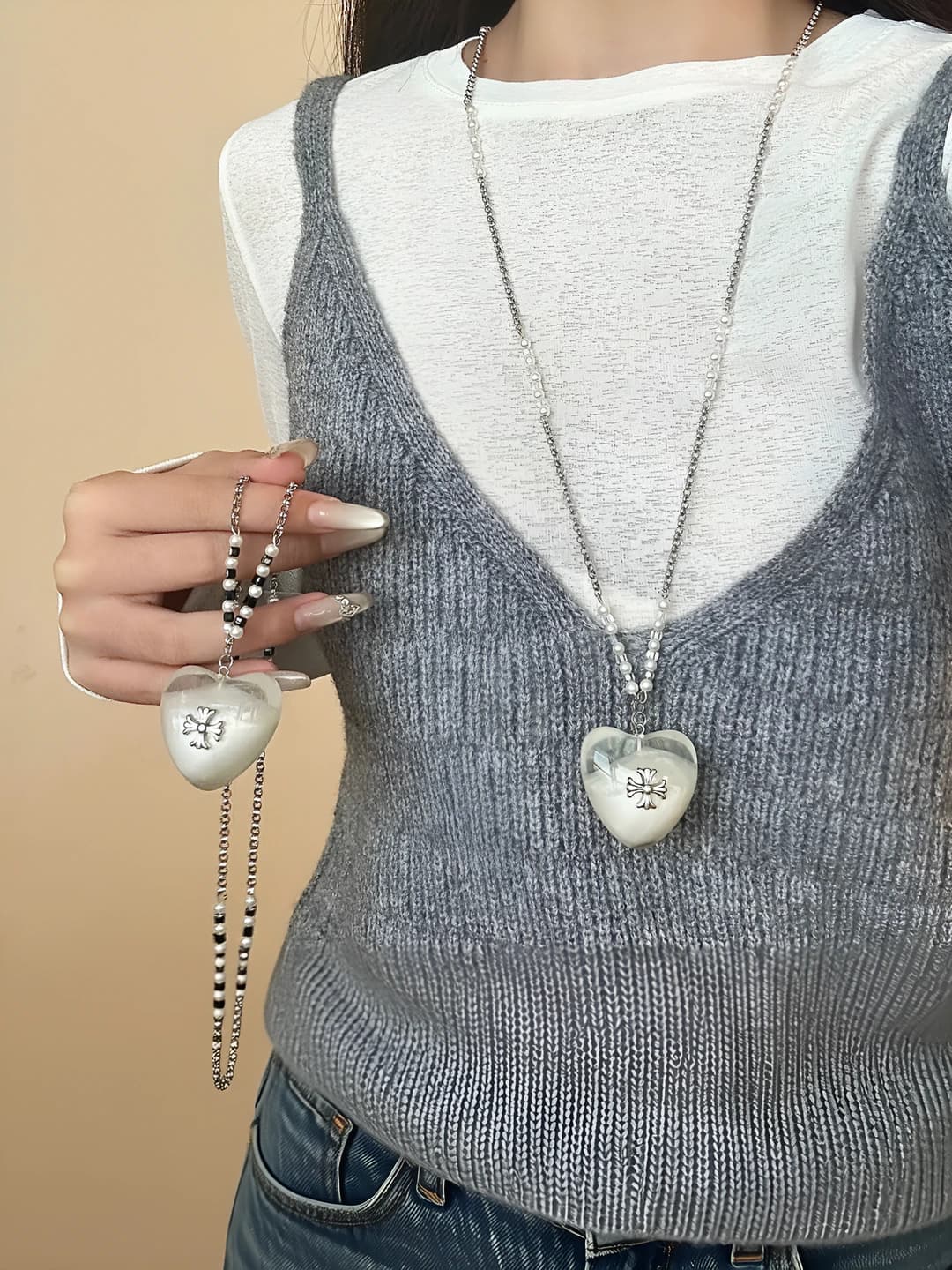 Women's pendant necklace for sweater with transparent heart and cross, Y2K style, design element
