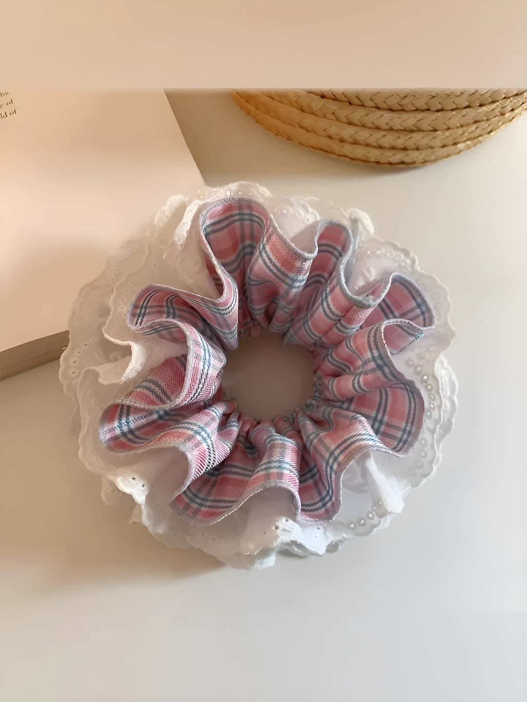 Pink plaid white lace