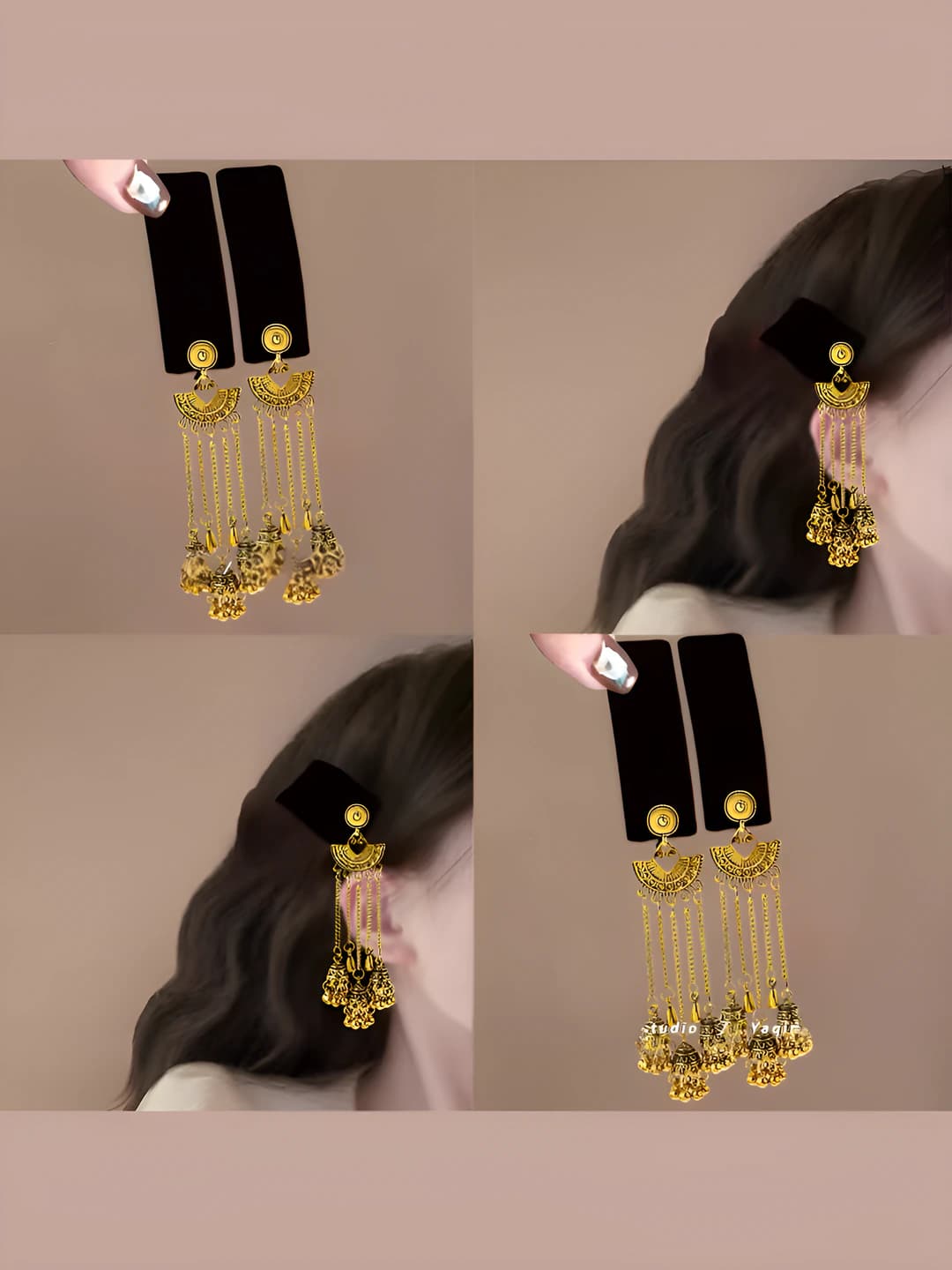 Women's gold tassel and bell fan-shaped hair clip