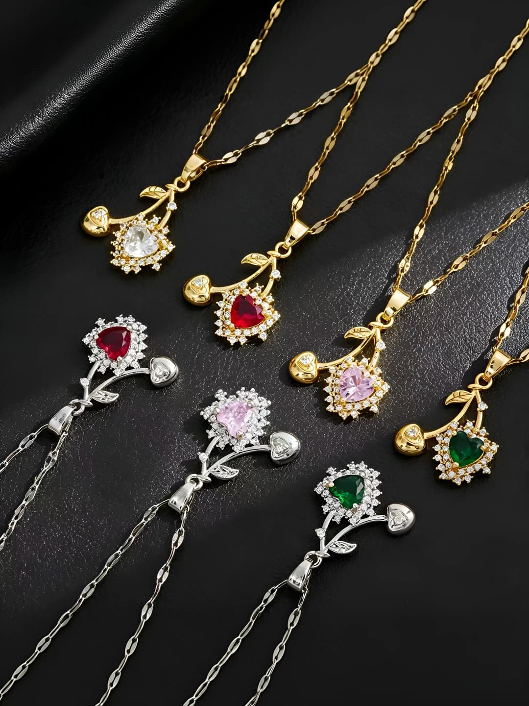 Women's titanium steel pendant necklace with full zircon setting in cherry shape