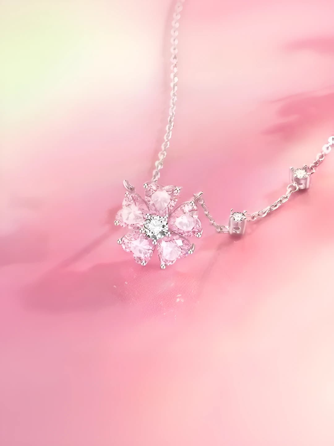 Women's pink flower and leaf pendant necklace, 41-50 cm