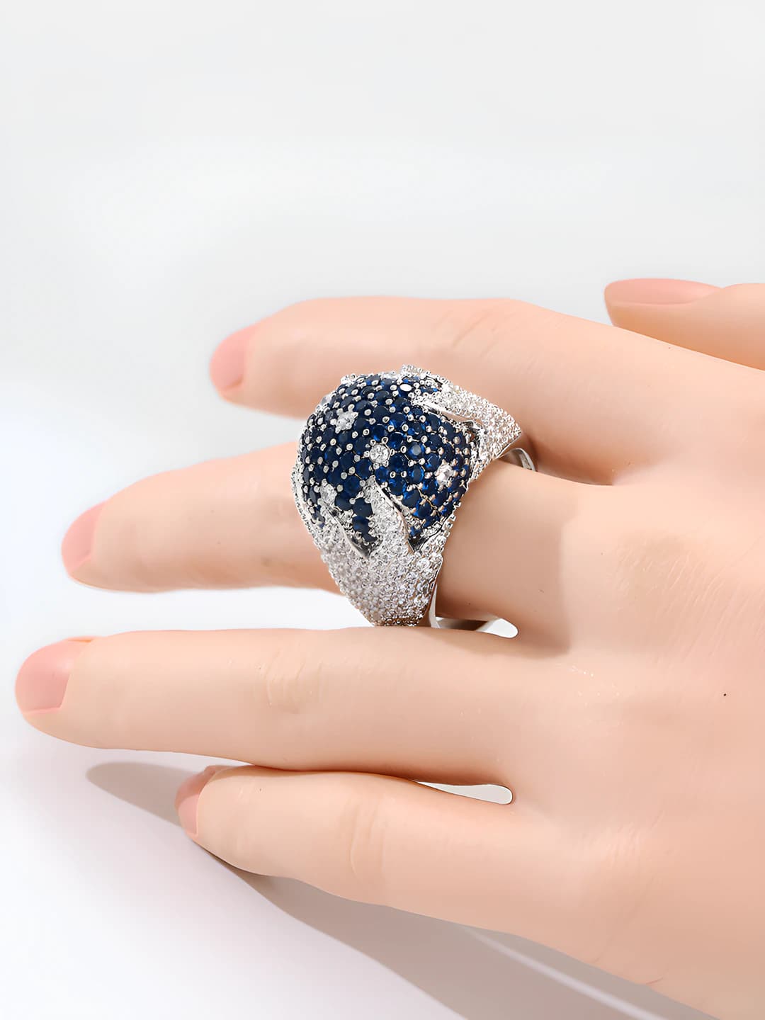 Women's fashion statement ring with blue synthetic zircon in retro boho style