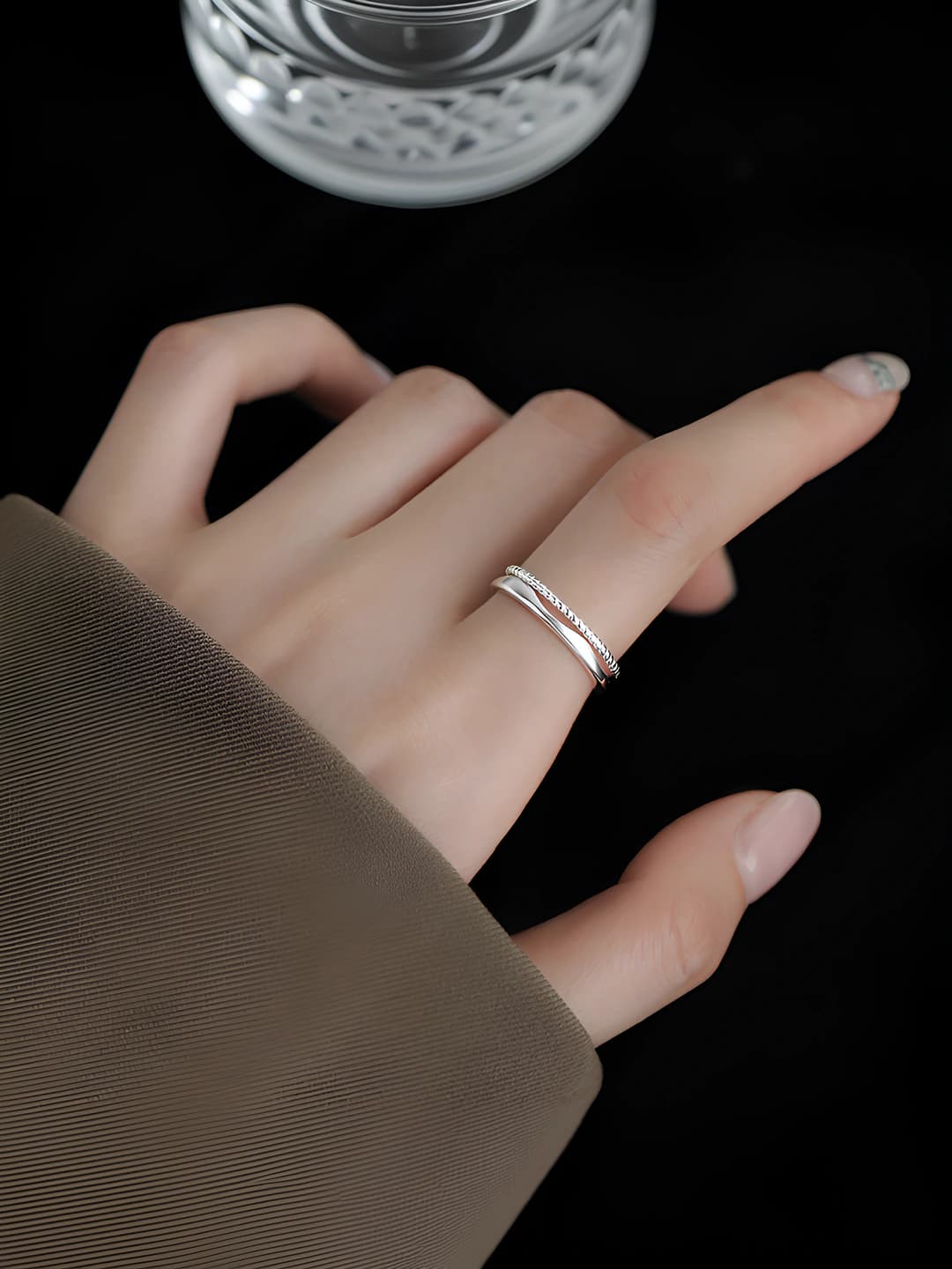 Women's cable knit two-layer geometric ring, adjustable, stylish
