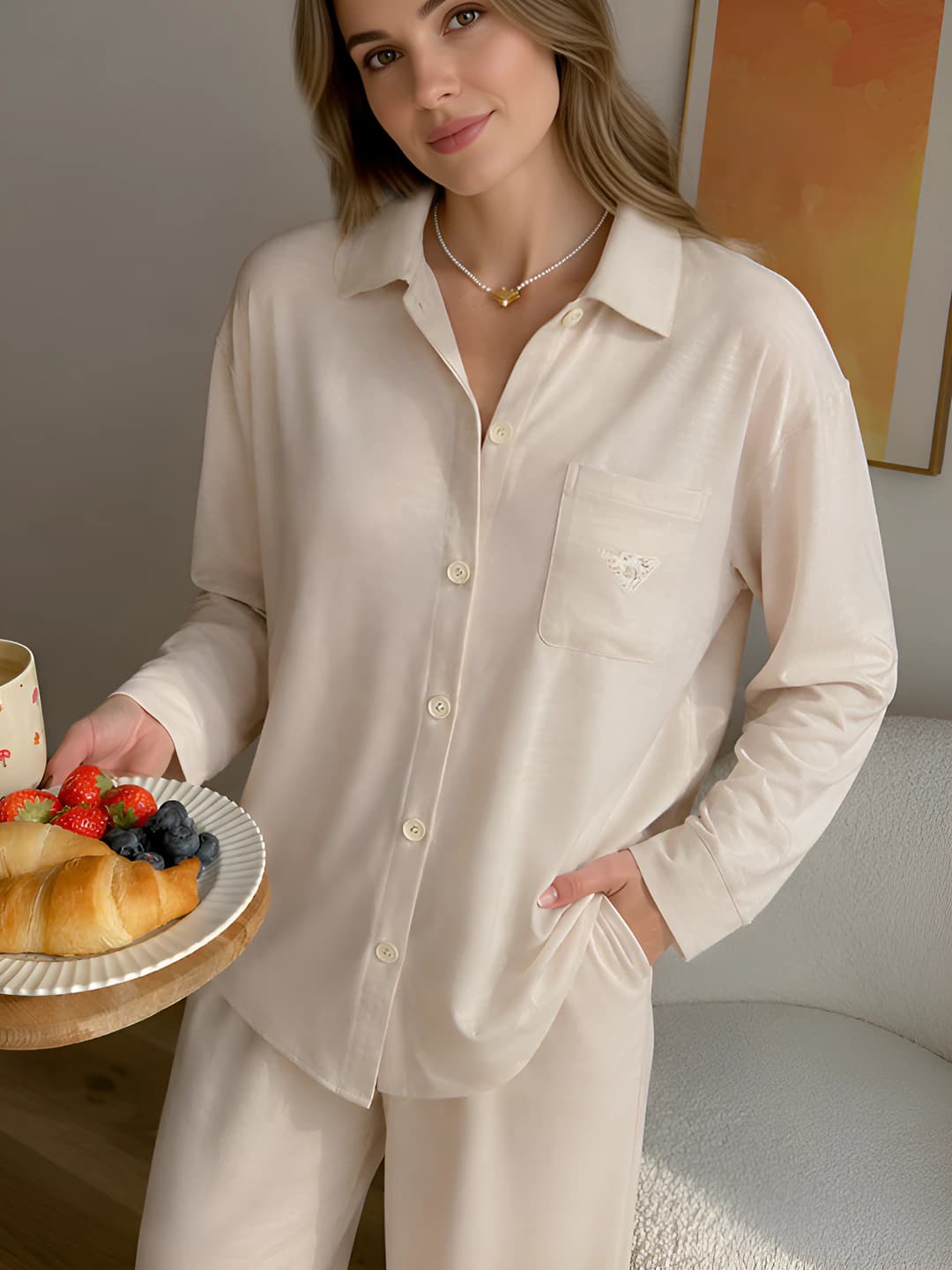 Women's pajama set: stretch silk, linen and cotton fabric, stand collar, long sleeve, trousers, thin, for spring, minimalist style