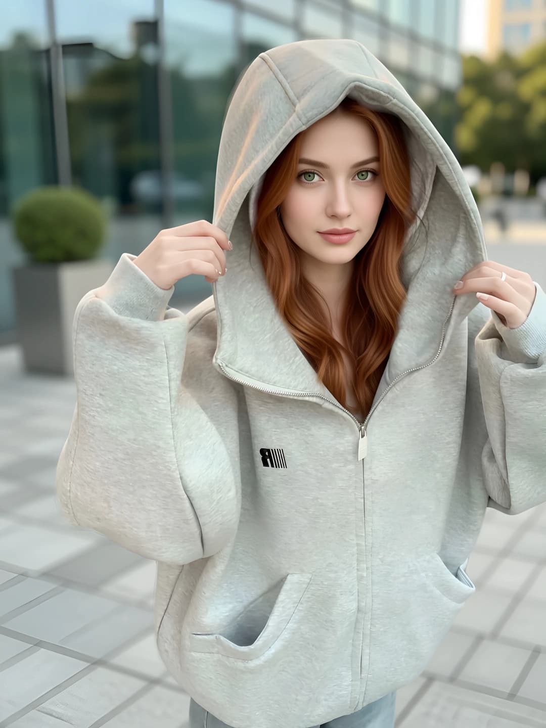Women's fleece-lined printed hoodie, zip closure, loose fit, casual, autumn-winter, 2026