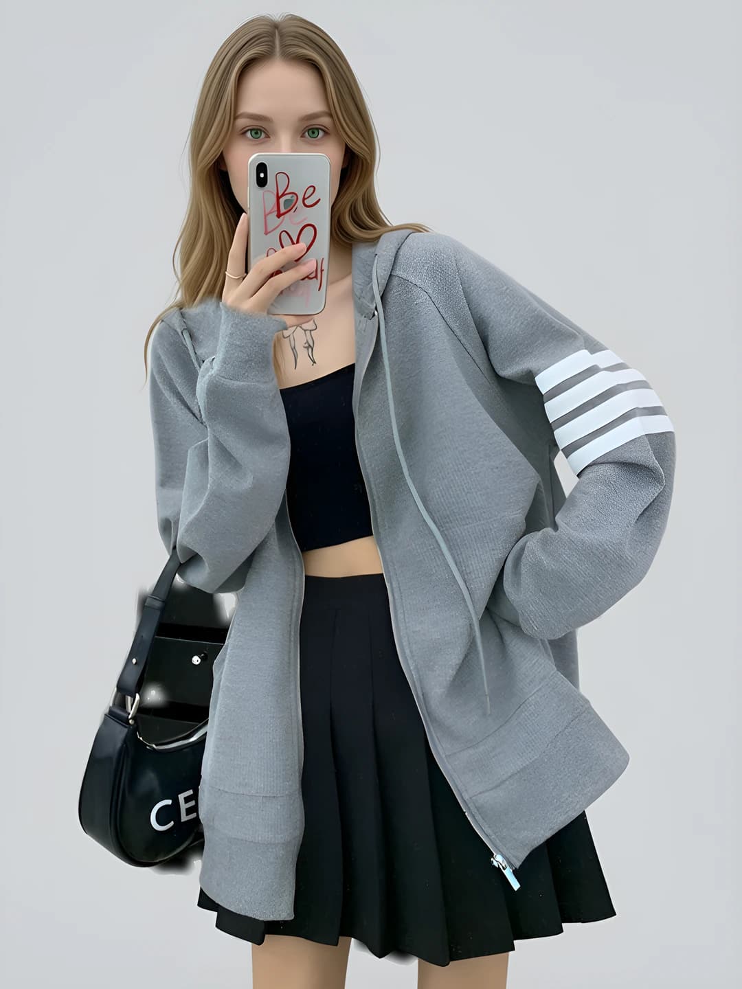 Ayollar uchun koreys uslubida yupqa chiziqli svitshot, fermuarli, bo'sh (oversize) kesim, uzun yeng, o'rta-uzun, nozik ko'rsatadigan, kundalik