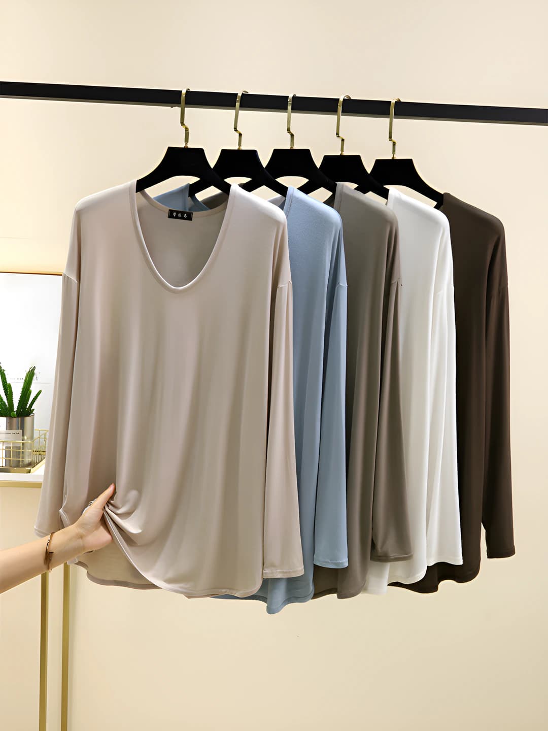 Women's plus size modal long-sleeve long-sleeve base top, thin, loose fit, crew neck, solid colour, spring-autumn outerwear