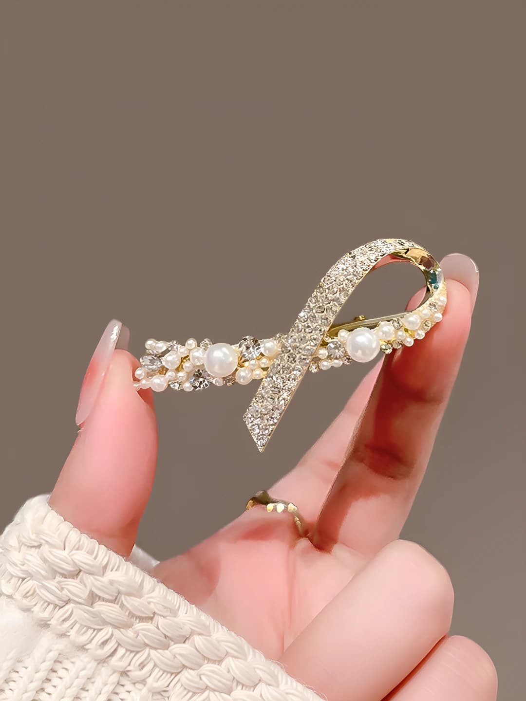 Women's pearl ribbon hair clip, korean style sweet side clip