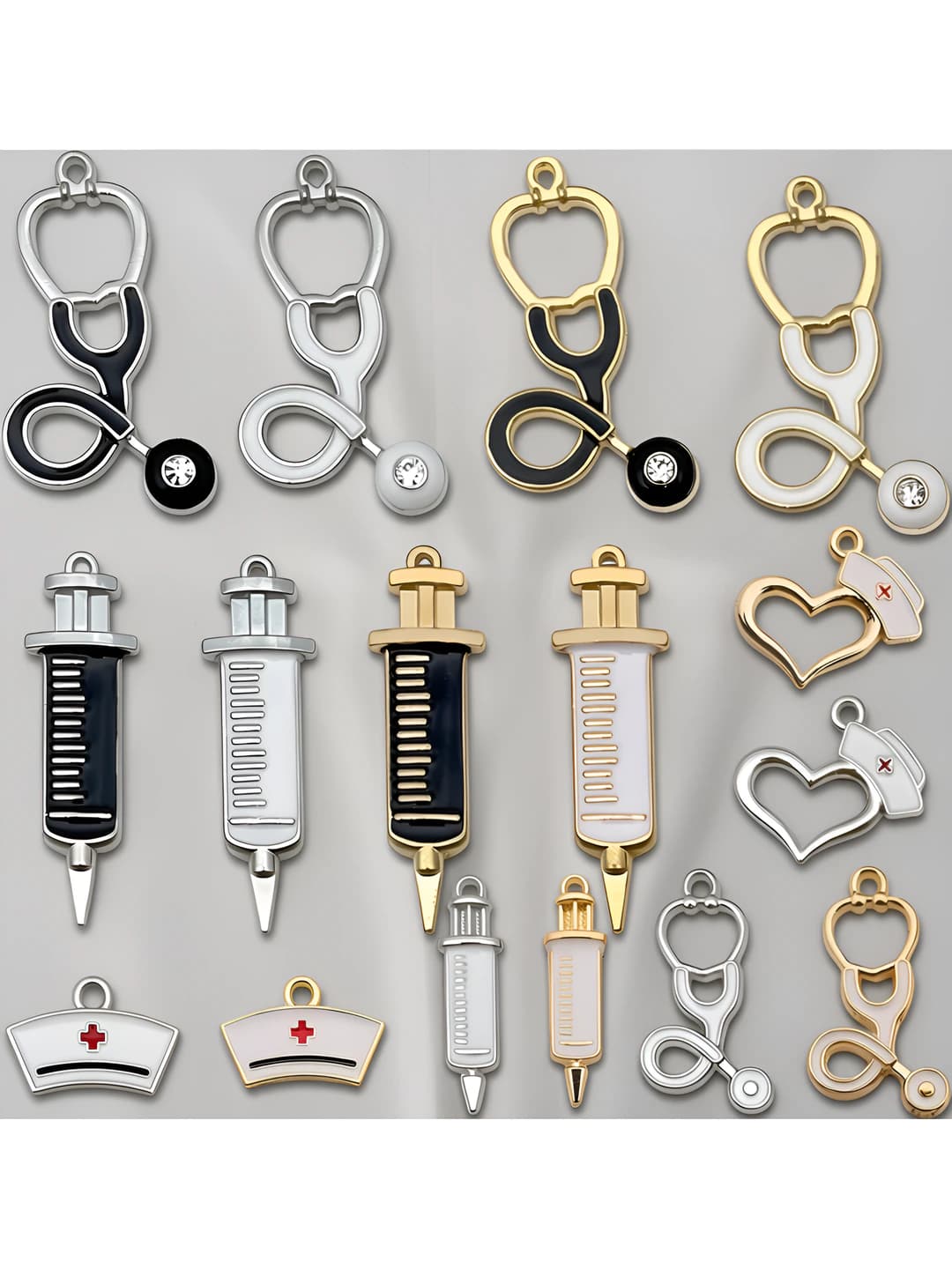 Women's DIY alloy charms: 2 colors, doctor and nurse hat, syringe, stethoscope, keychain, necklace, earrings, pendant