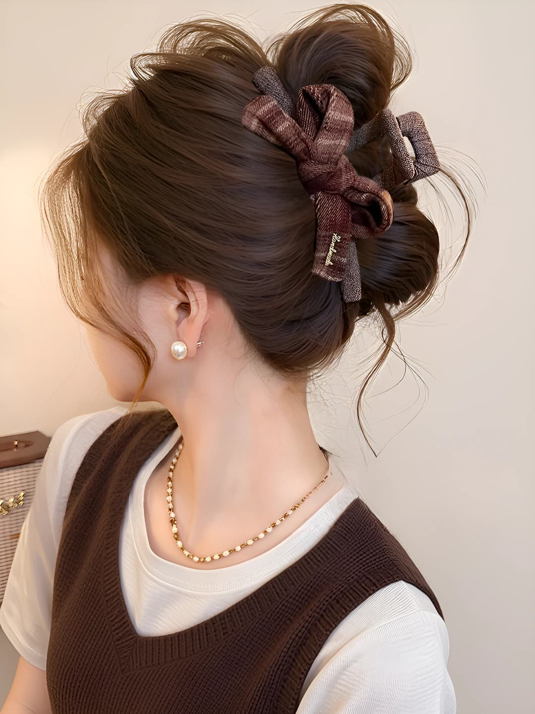 Coffee plaid bow 12.5 cm