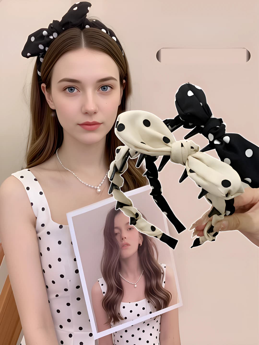 Ayollar uchun koreys uslubidagi polka-dot bow headband, qo'lda ishlangan, tayoqcha va quloqchali