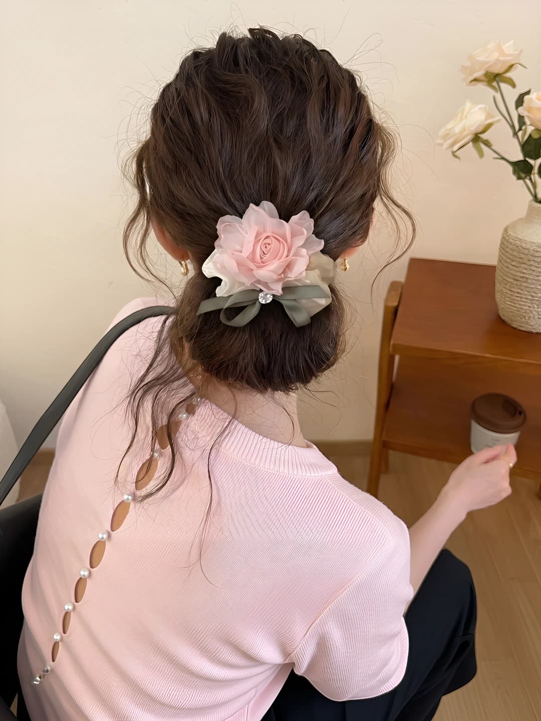 Pink mesh rose hair tie