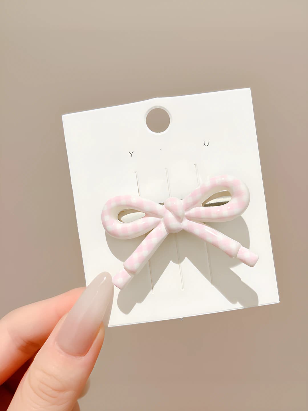 2# Bow, pink plaid, 5 cm
