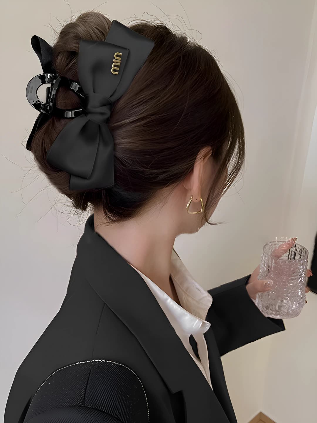 1# Black satin bow clip, 12 cm, bow ~12.5 cm