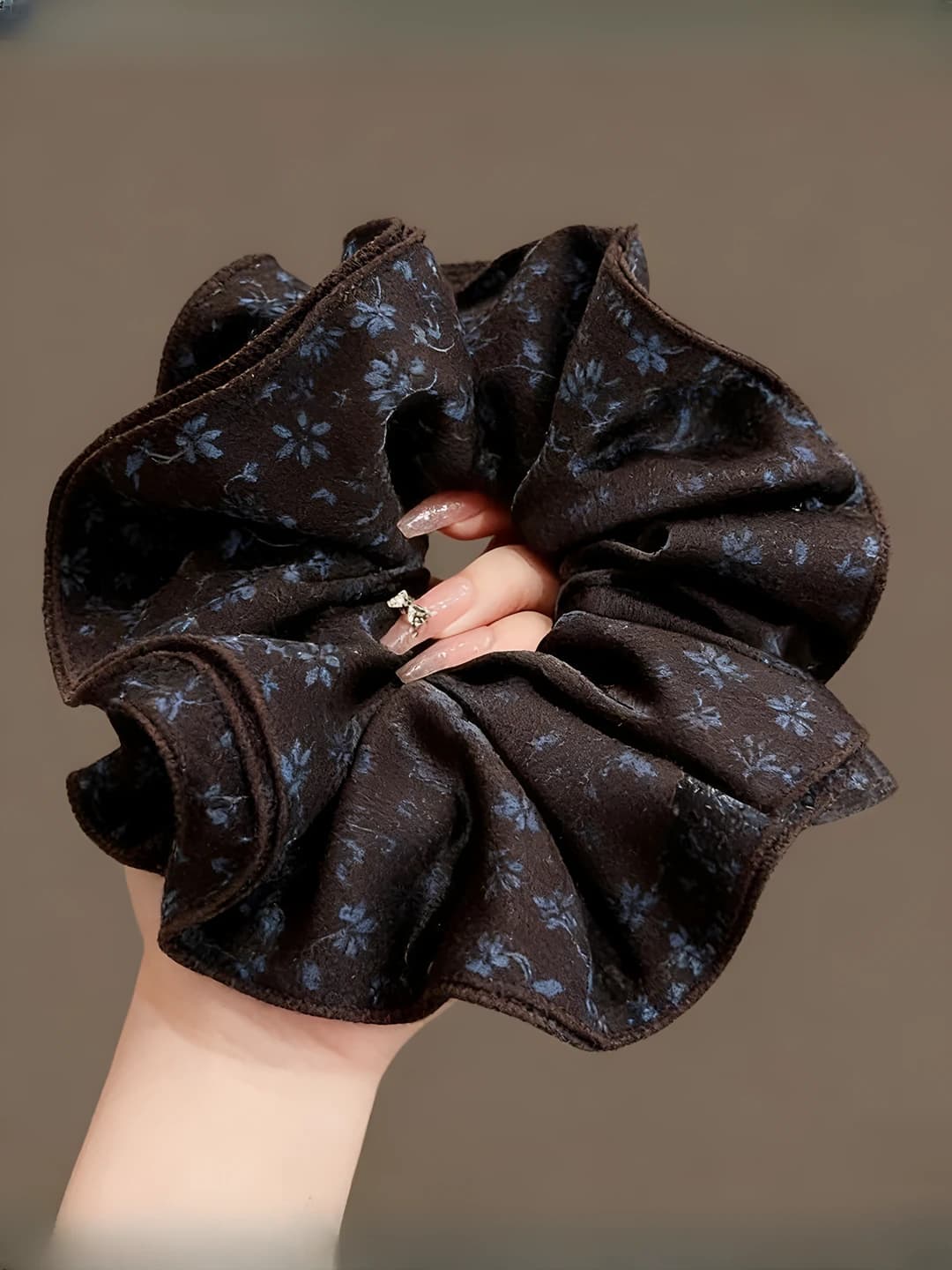 3# Brown retro navy floral 4-layer large hair tie ~16 cm