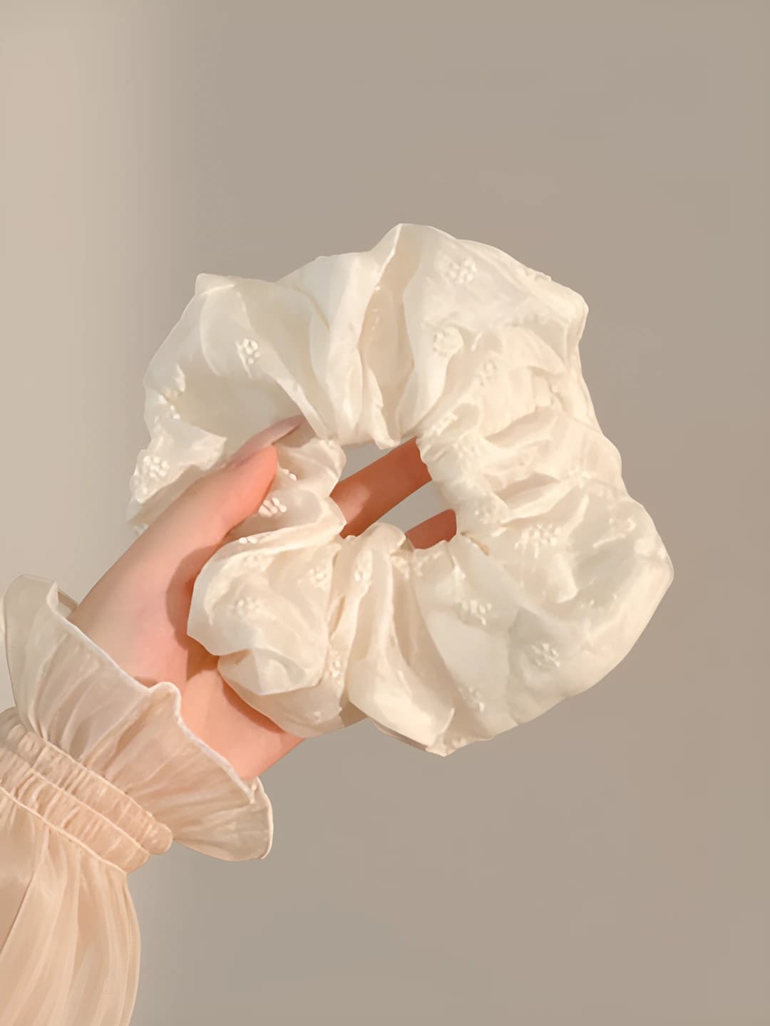 2# Off-white small floral embroidered scrunchie ~16 cm