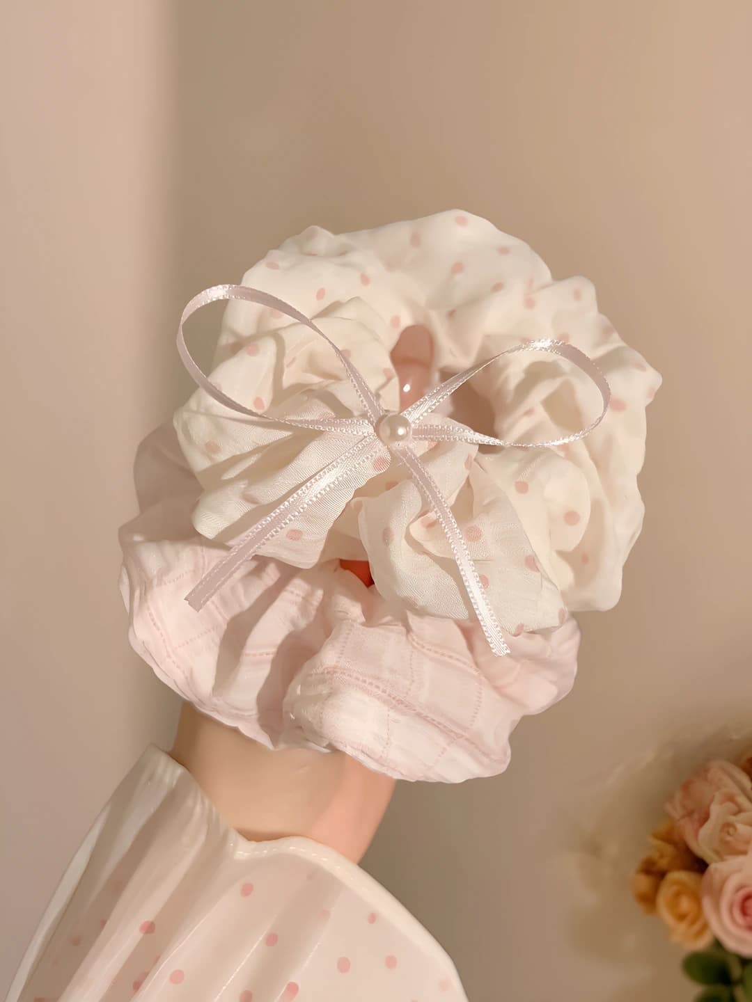 1# Pink floral large scrunchie 2-piece set - ~10 cm fabric+elastic