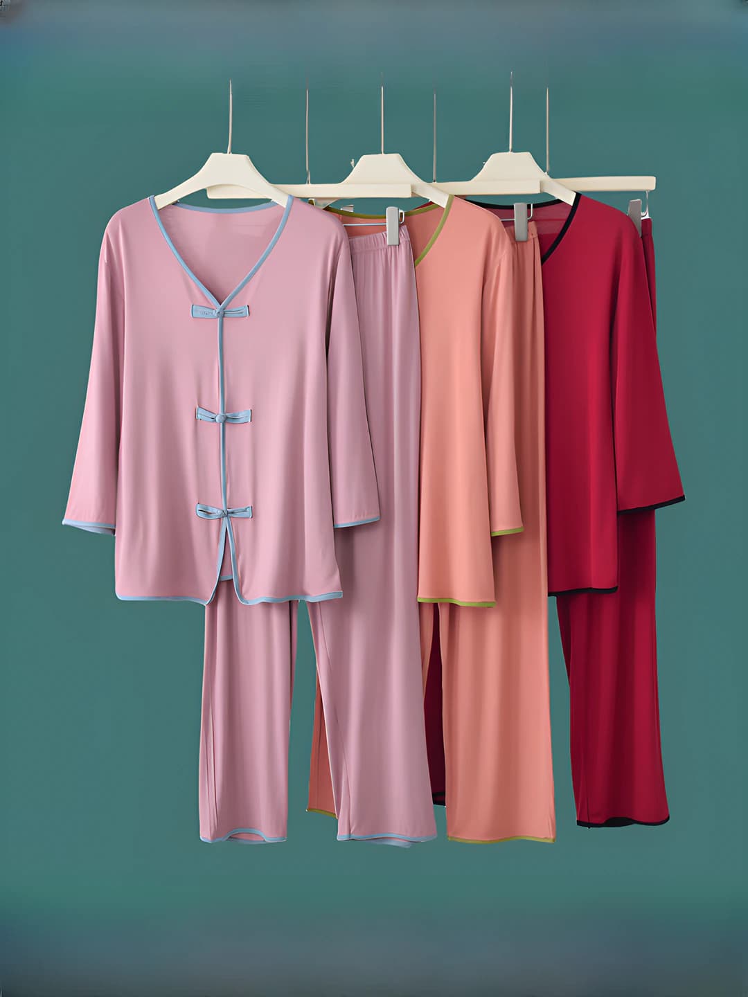 Women's summer pajama set (top + pants), modal, thin, loose fit, three-quarter sleeve, V-neck, trousers, national style