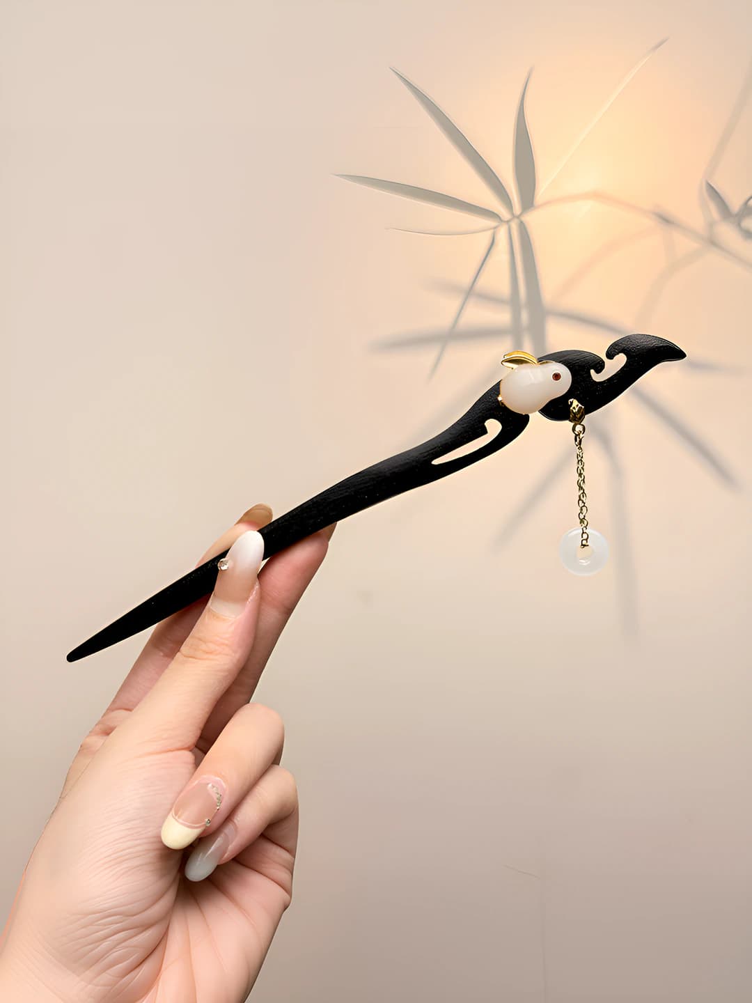 48# White jade open circle rabbit hairpin