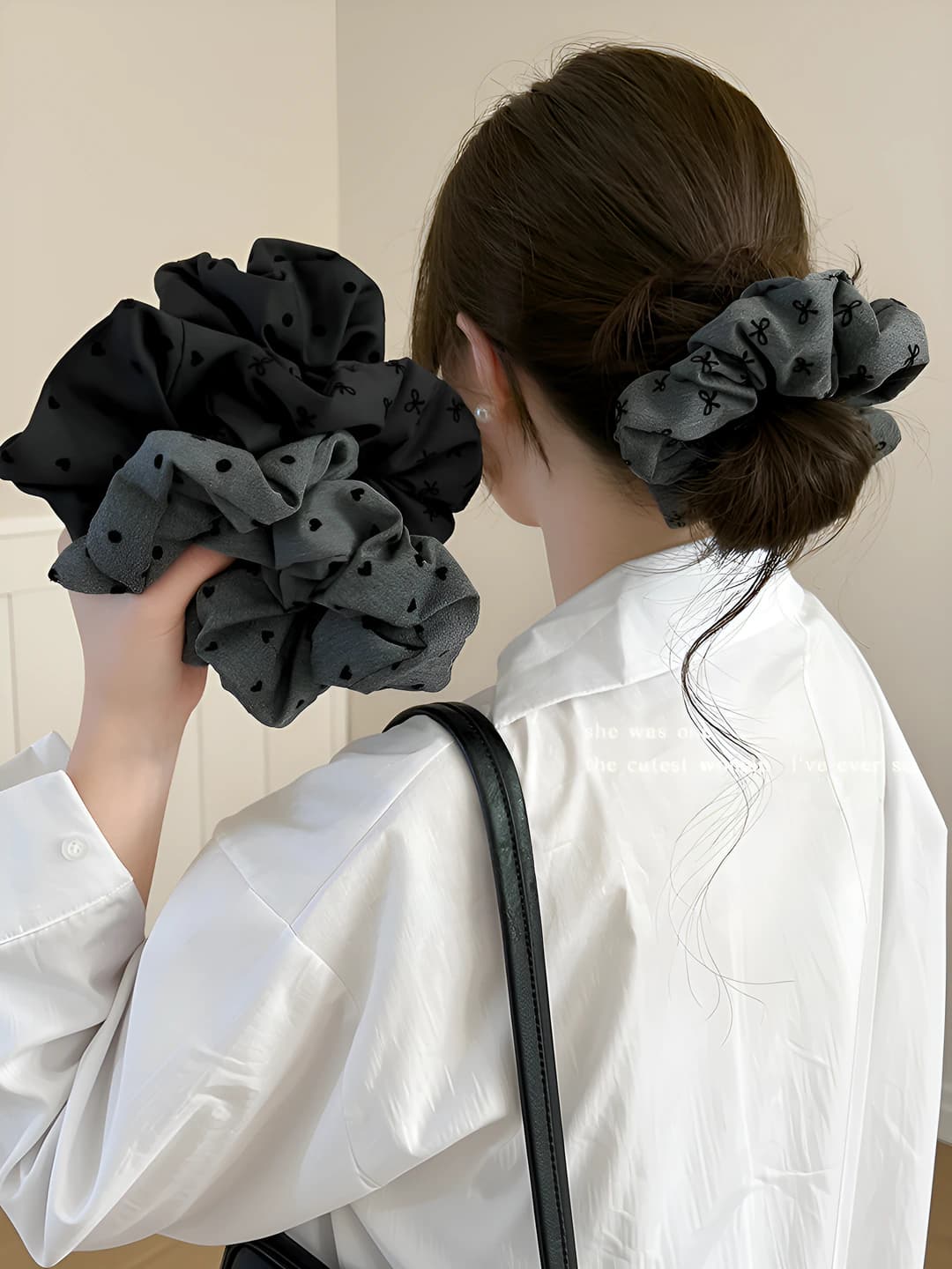Women's Korean style 2026 scrunchie hair tie, stretch, premium look, grey, bow design, fabric material, handmade