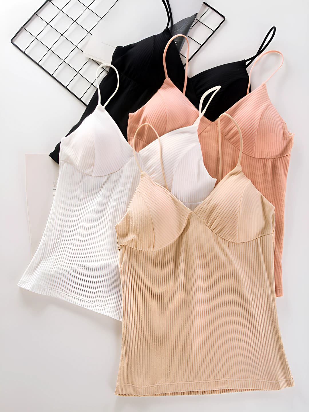 Women's all-cotton ribbed strap top with built-in bra and deep V-neck