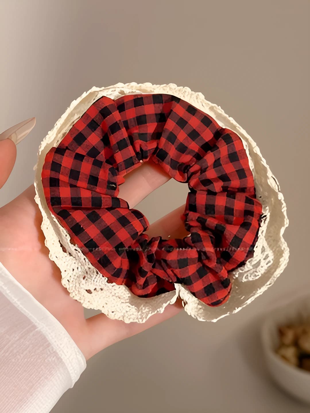 Red plaid, lace edge