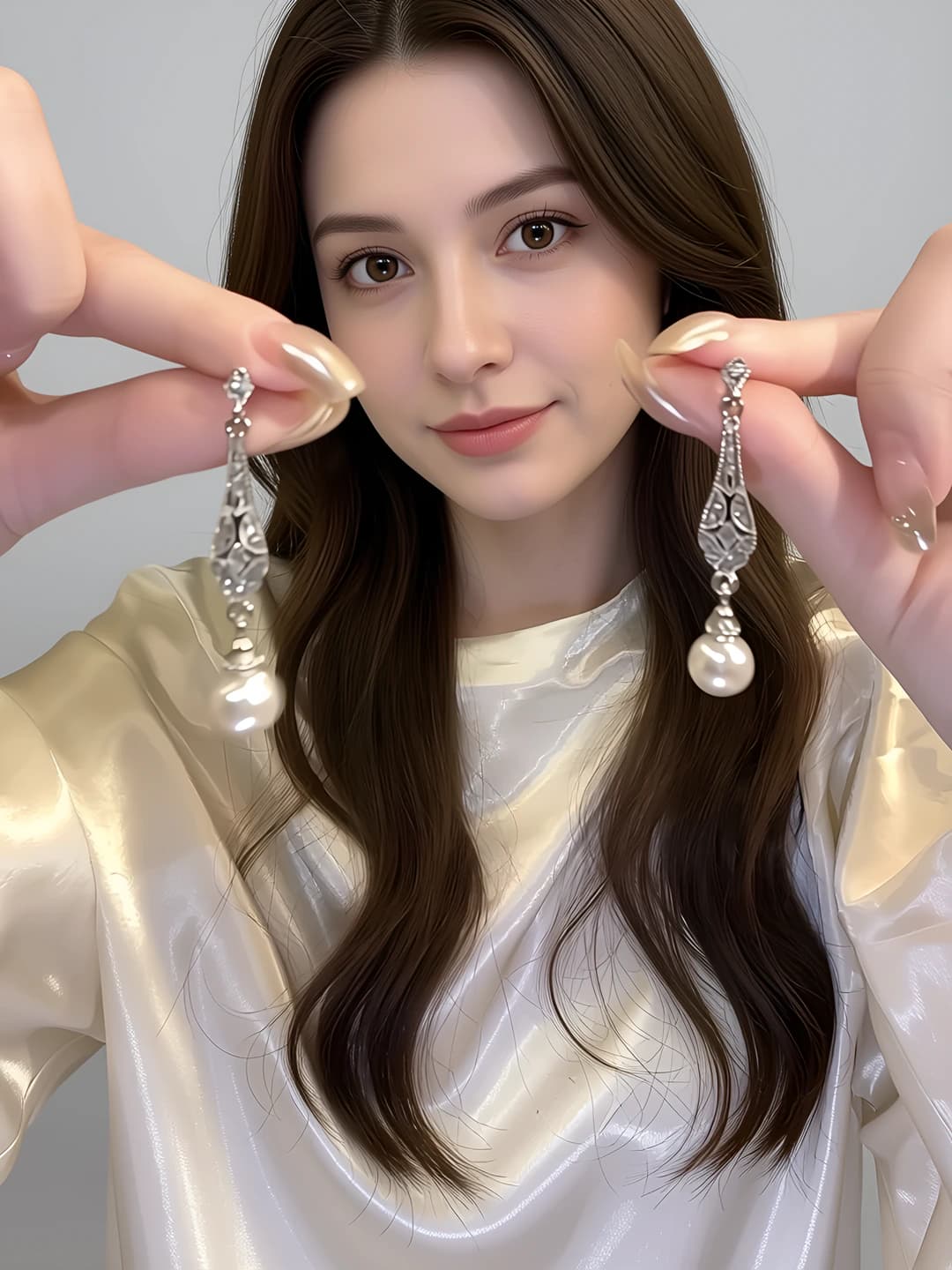 Women's retro style silver earrings with sparkling stones and pearls, geometric design element