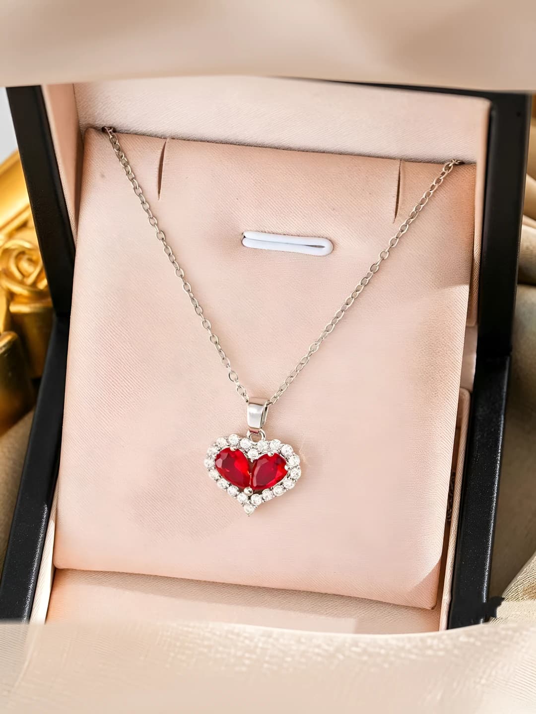 648 Heart Necklace - Silver-Red