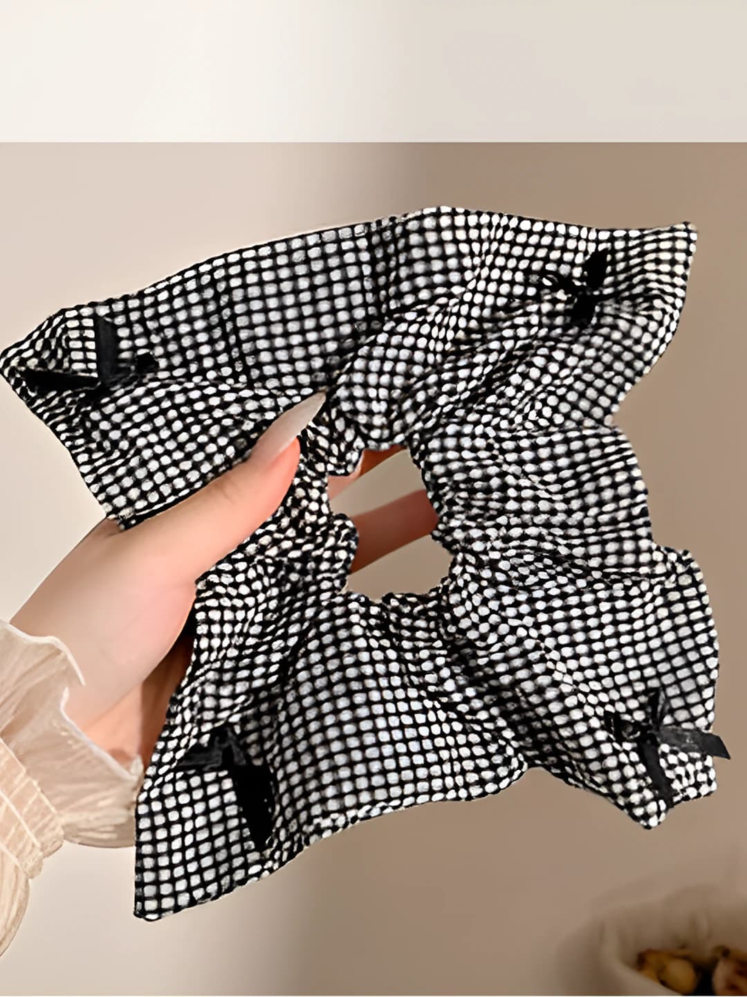 2# Black & white houndstooth bow scarf ~24*24 cm
