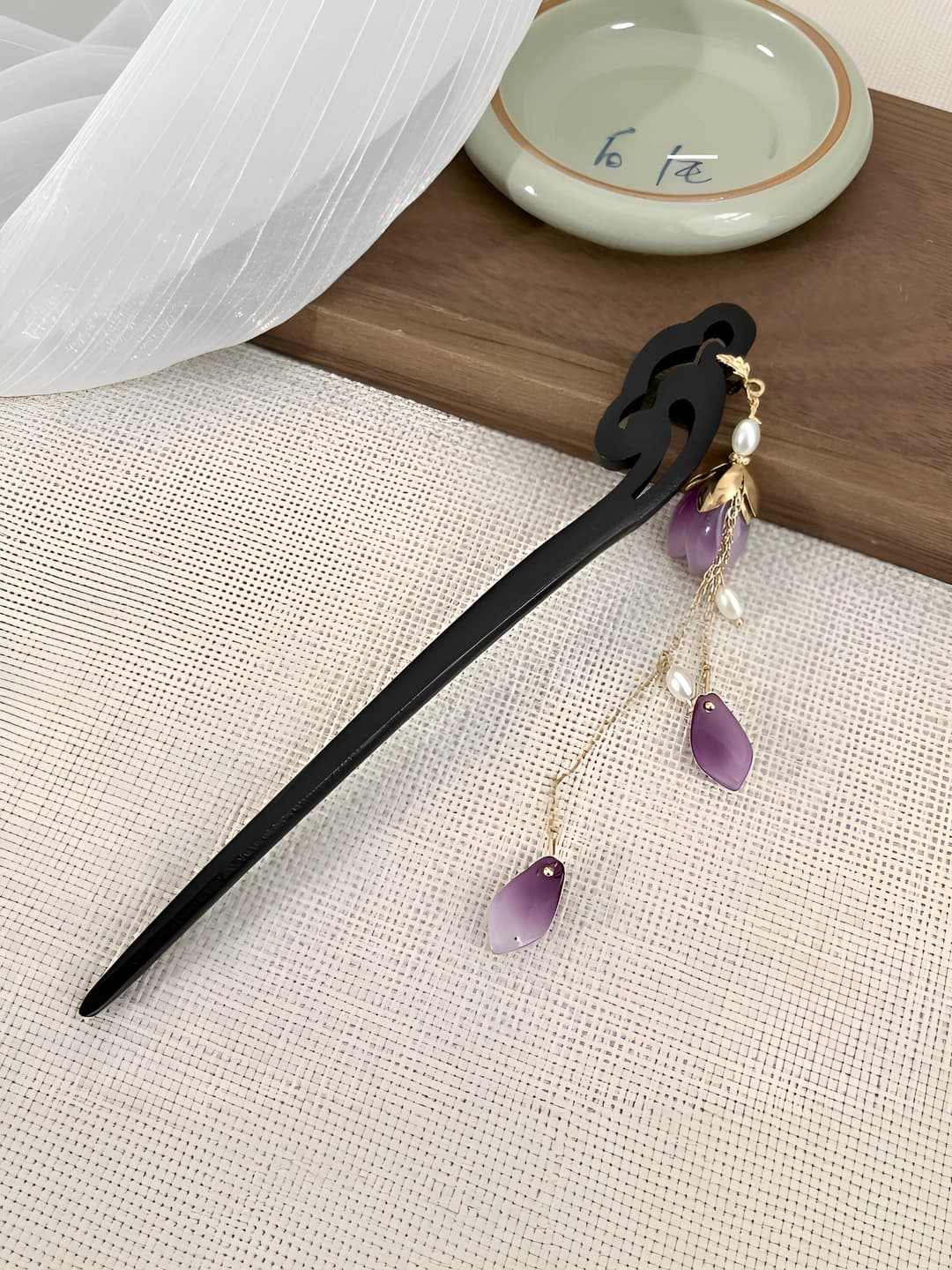 Purple flower pearl tassel hairpin