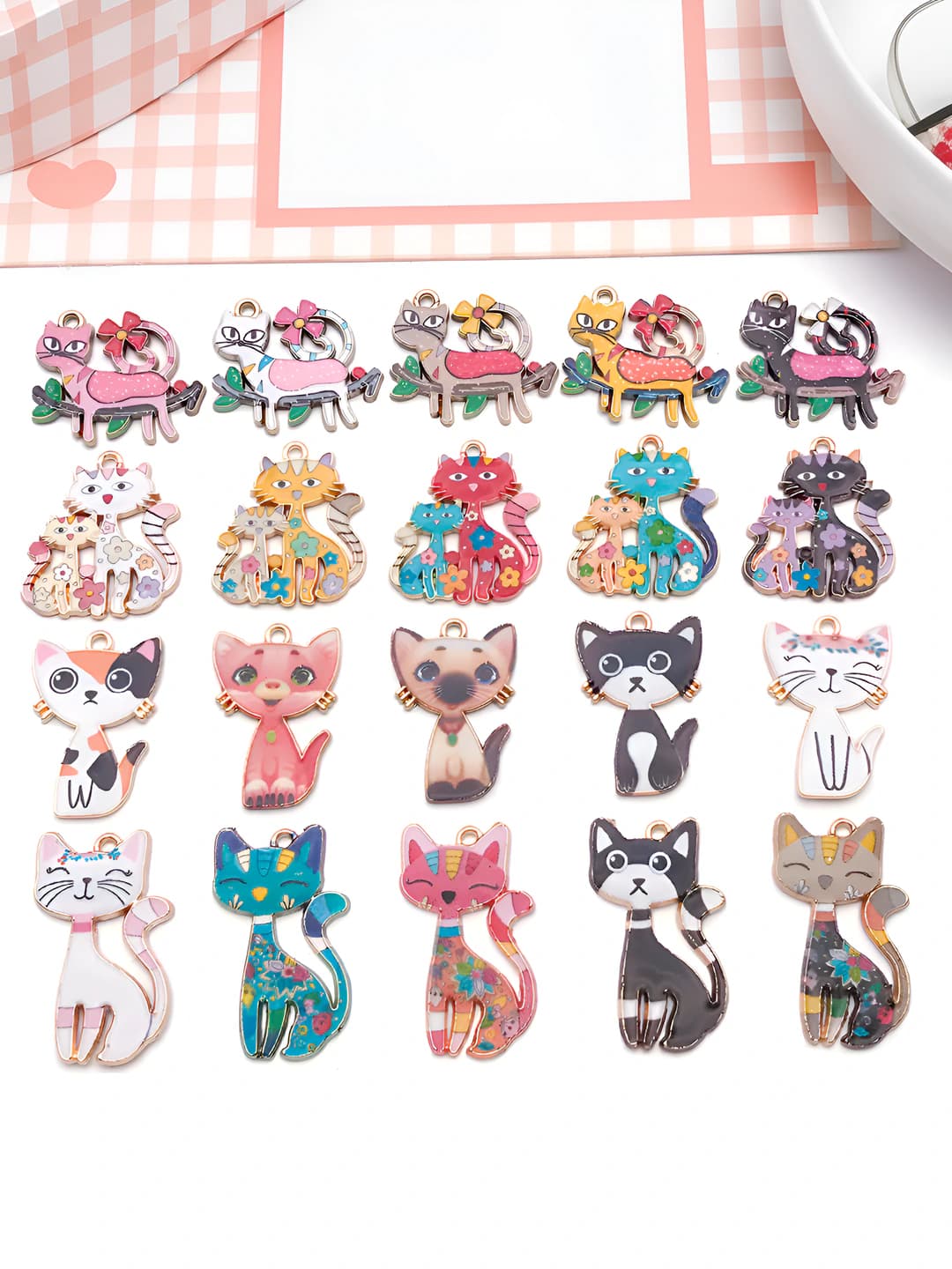 Women's enamel cat DIY charms/pendants, zinc alloy, printed, with enamel