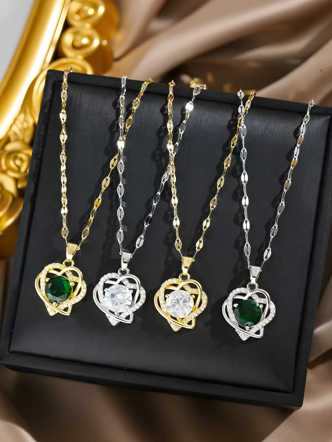 Women's heart pendant necklace: 18K gold plated titanium steel, double layer, full zircon, 41-50 cm