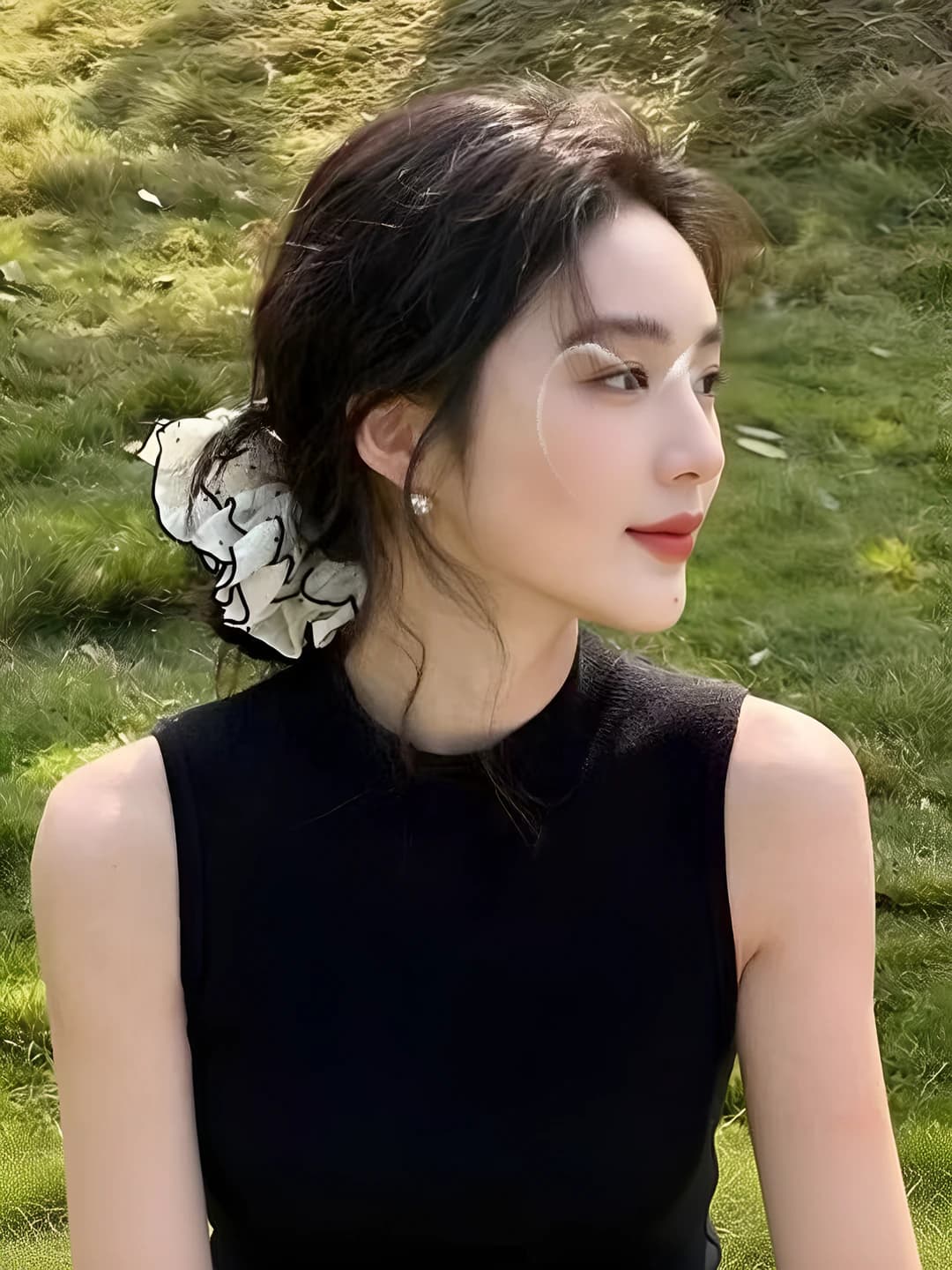 Women's black and white polka dot multi-layer ruffled stretch hair tie, Korean style, woven fabric