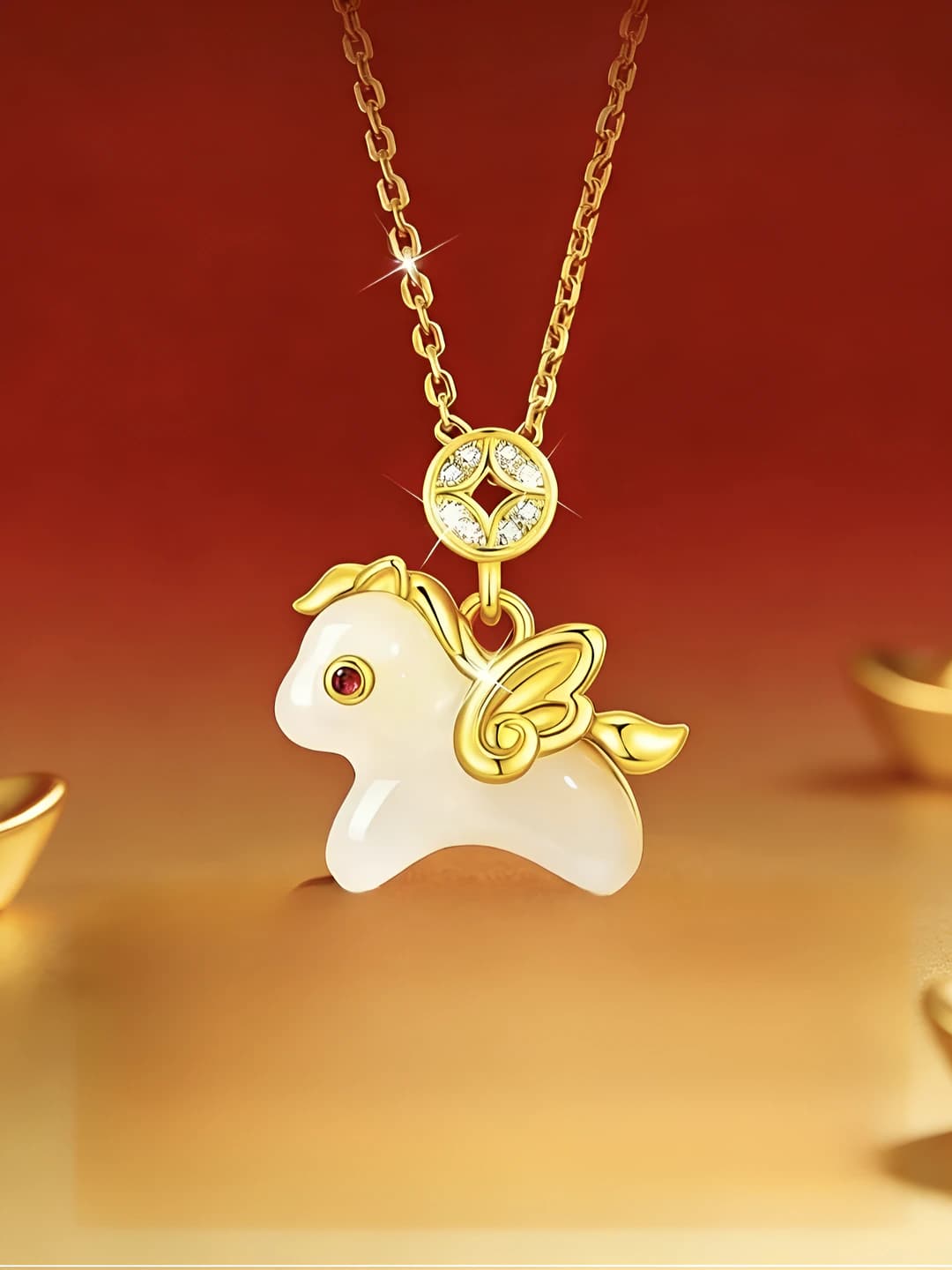 Women's titanium steel pendant necklace with zircon, 18K gold plating, horse design, 41-50 cm, 4 g