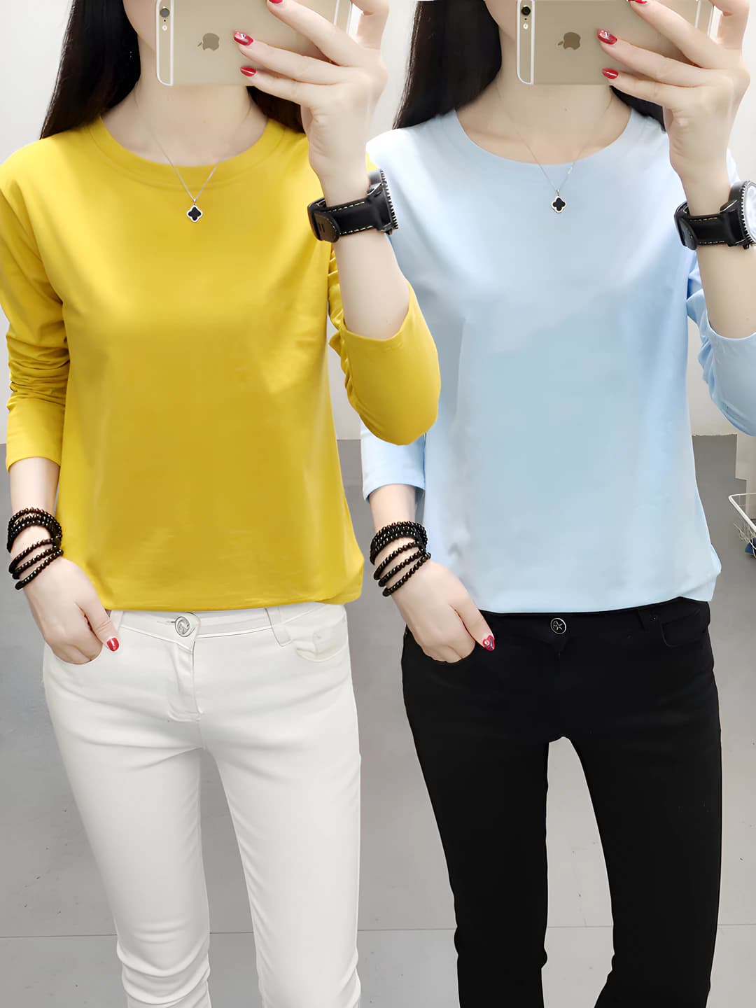 Women's long-sleeve base top, autumn, Korean style, solid colour, loose fit, crew neck