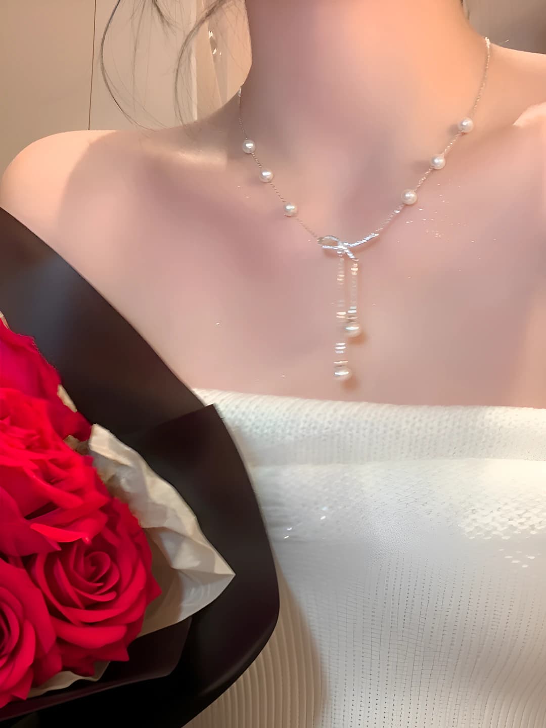 1# X-256 bow pearl necklace 55 cm